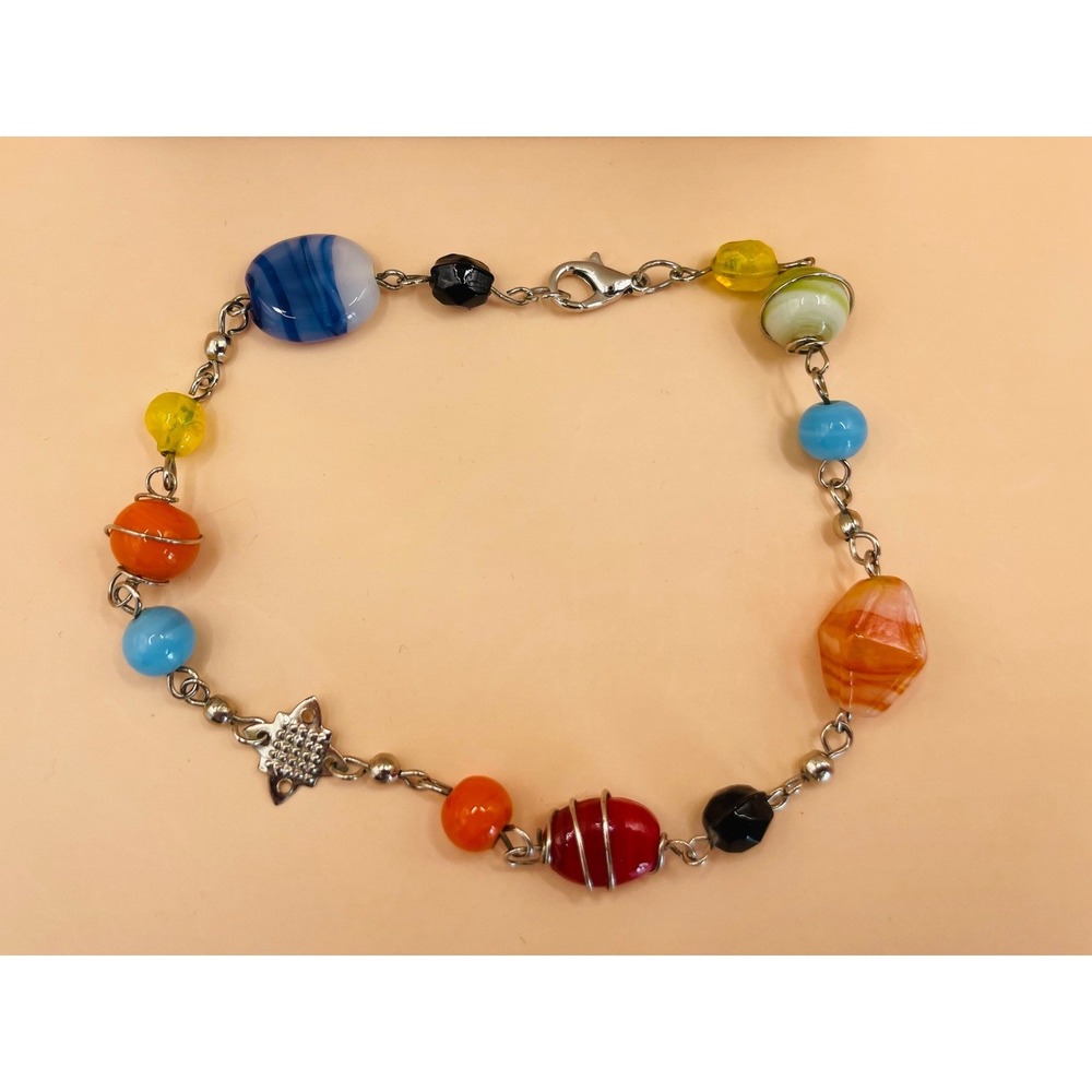 Multicolor Lampwork Art Glass Bead Necklace and Bracelet Set Silver Tone Boho - Picture 4 of 6